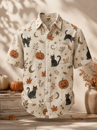 Linen Texture Halloween Pumpkin & Cat Chest Pocket Casual Shirt
