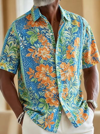 Linen Texture Artistic Tropical Leaf & Floral Stripe Print Chest Pocket Casual Shirt