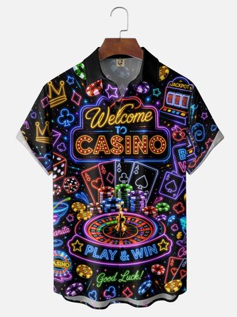 Moisture Wicking Neon Colored Paramount Playing Card Print Chest Pocket Hawaiian Shirt