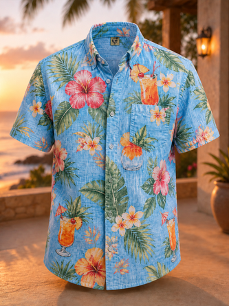 Linen Texture Tropical Floral Print Chest Pocket Casual Shirt