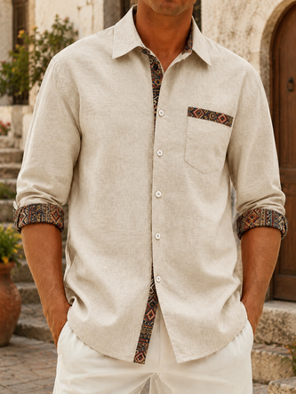 Linen Texture Solid Paneling Ethnic Geometric Patterns Chest Pocket Long Sleeves Casual Shirt