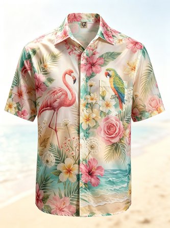 Moisture Wicking Gradient Flamingo Parrot Floral Print Chest Pocket Hawaiian Shirt