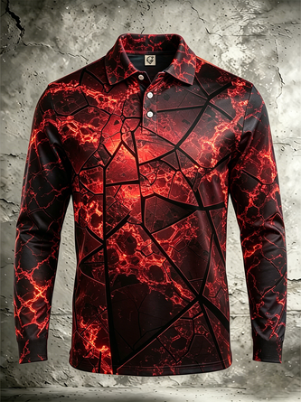 Moisture Wicking Gradient 3D Abstract Geometric Block & Crackle Print Long Sleeve Hawaiian Golf Polo