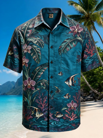 Moisture Wicking Marine Fish Tropical Plants Chest Pocket Hawaiian Shirt