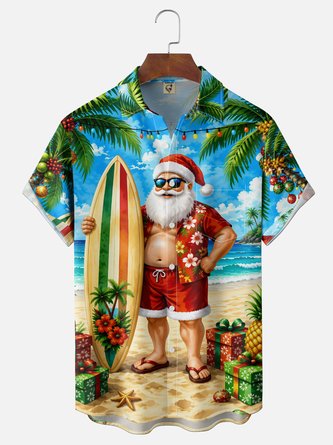 Moisture Wicking Christmas Santa Surfing Chest Pocket Hawaiian Shirt
