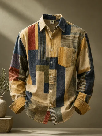 Linen Texture Abstract Geometric Stripe Chest Pocket Long Sleeve Casual Shirt