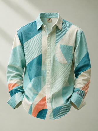 Linen Texture Abstract Geometric Stripe Chest Pocket Long Sleeve Casual Shirt