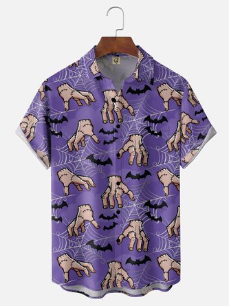 Moisture Wicking Halloween Severed Hand Bat Spiderweb Chest Pocket Hawaiian Shirt
