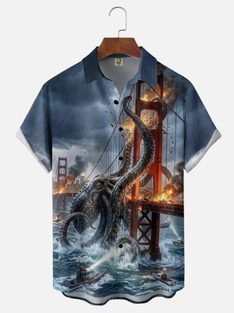 Moisture Wicking Featuring Kraken Octopus Attacking Golden Gate Bridge Chest Pocket Hawaiian Shirt