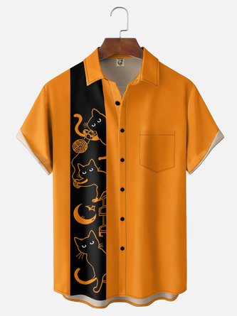 Moisture Wicking Fun Yarn Cat & Halloween Chest Pocket Hawaiian Shirt