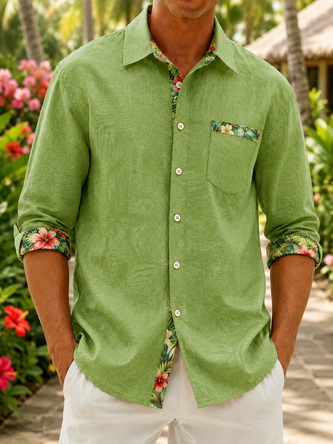Linen Texture Solid Paneling Leaf Print Chest Pocket Casual Long Sleeve Shirt