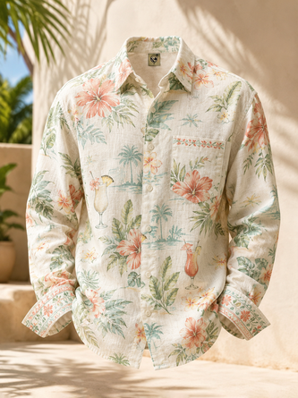 Linen Texture Tropical Leaf Floral Print Chest Pocket Long Sleeve Casual Shirt