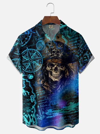 Moisture Wicking Treasure Map Nautical Chart Pirate Theme Chest Pocket Hawaiian Shirt