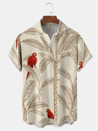 Moisture Wicking Parrot Palm Tree Chest Pocket Hawaiian Shirt