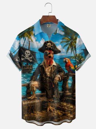 Moisture Wicking Fun Pirate Chicken & Parrot Chest Pocket Hawaiian Shirt