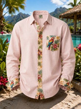 Linen Texture Solid Botanical Leaf Parrot Print Panel Design Chest Pocket Long Sleeve Casual Shirt