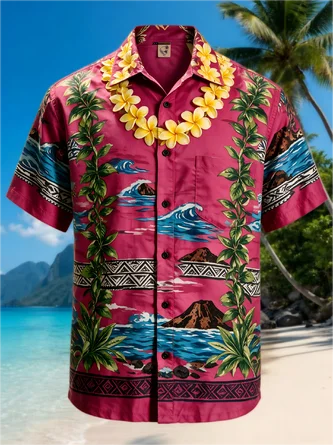 Moisture Wicking Volcano Tropical Plants Ocean Waves Chest Pocket Hawaiian Shirt