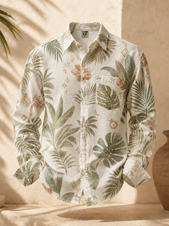 Linen Texture Tropical Leaf Print Chest Pocket Long Sleeve Casual Shirt