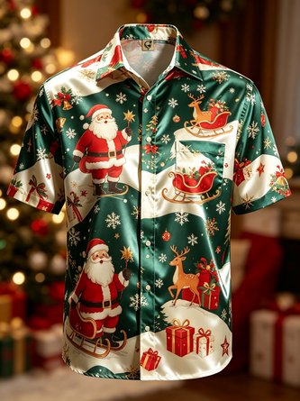 Silk Satin Breathable Design featuring Santa Claus Reindeer Snowflakes Chest Pocket Hawaiian Shirt