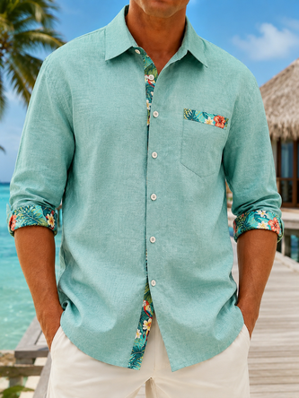 Linen Texture Solid Botanical Leaf Parrot Print Panel Design Chest Pocket Long Sleeve Casual Shirt