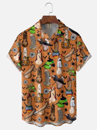 Moisture Wicking Halloween Ghost Bat Spider Grotesque Body Parts Chest Pocket Hawaiian Shirt