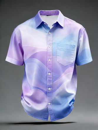 Moisture Wicking Abstract Art Gradient Geometric Lines Chest Pocket Casual Shirt