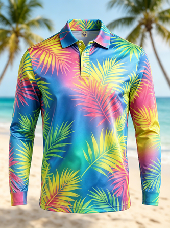 Moisture Wicking Tropical Palm Leaf Gradient Long Sleeve Hawaiian Golf Polo