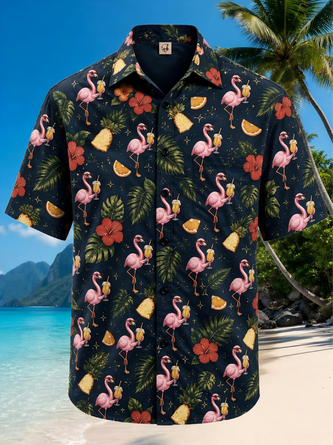 Moisture Wicking Flamingo Floral Cocktail Chest Pocket Hawaiian Shirt