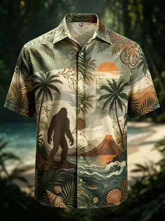 Moisture Wicking Gradient Tropical Plant & Coconut Tree Bigfoot Chest Pocket Hawaiian Shirt