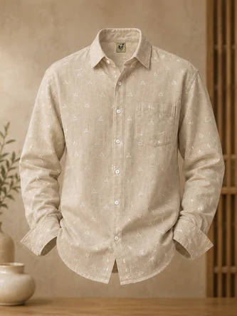 Linen Texture Abstract Geometric Triangle Print Chest Pocket Long Sleeve Casual Shirt