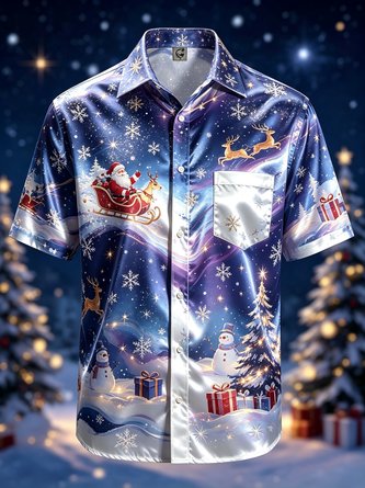 Silk Satin Breathable Gradient Print Santa Claus Snowman Christmas Tree Chest Pocket Hawaiian Shirt