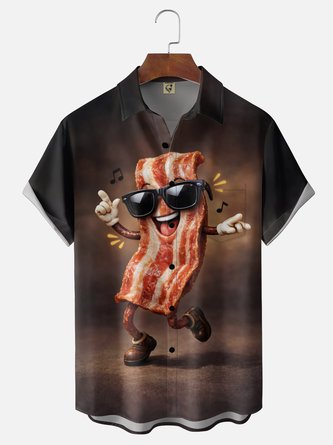 Moisture Wicking Quirky Bacon Print Chest Pocket Hawaiian Shirt