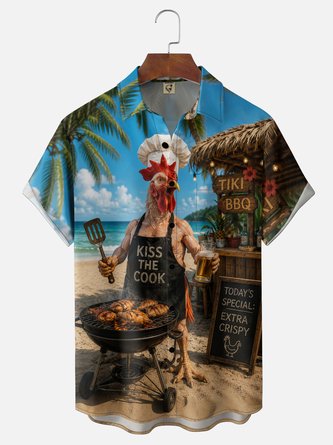 Moisture Wicking Fun Beach BBQ Chicken Print Chest Pocket Hawaiian Shirt