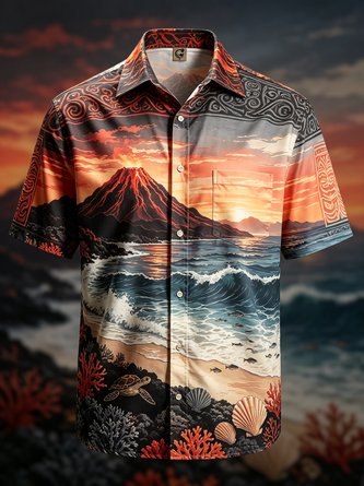 Moisture Wicking Seascape Turtle Seashell Print Chest Pocket Hawaiian Shirt
