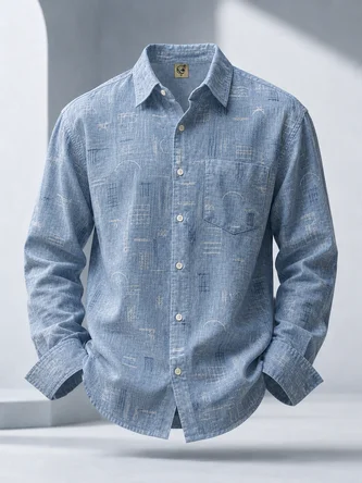 Linen Texture Abstract Ethnic Geometric Stripe Chest Pocket Long Sleeve Casual Shirt