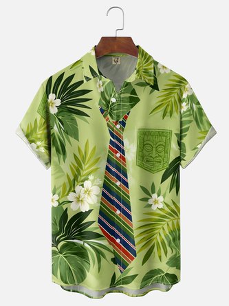 Moisture Wicking Gradient Tropical Leaf & Floral Print Chest Pocket Hawaiian Shirt