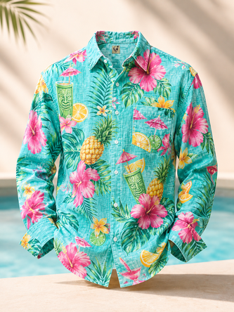 Linen Texture Tropical Leaf & Tiki Cocktail Print Chest Pocket Long Sleeve Casual Shirt