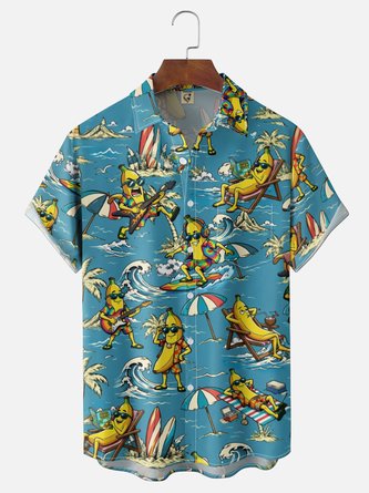 Moisture Wicking Gradient Featuring Palm Trees Banana Characters Guitars Surfboards Chest Pocket Hawaiian Shirt