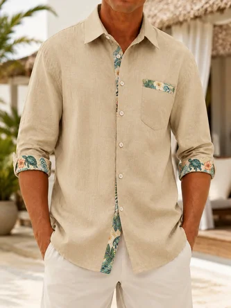 Linen Texture Solid Floral Turtle Print Patchwork Chest Pocket Long Sleeve Casual Shirt