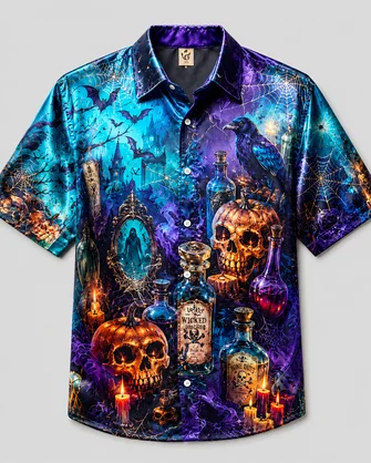 Breathable Silk Satin Halloween Crow Skull Whiskey Cocktail Casual Shirt