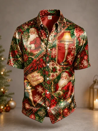Breathable Silk Satin Christmas Tree Foliage Santa Legs Print Chest Pocket Casual Shirt