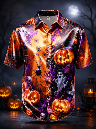 Breathable Silk Satin Halloween Pumpkin Ghost Skull Spider Print Chest Pocket Casual Shirt