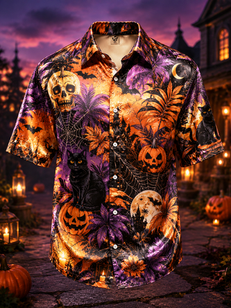 Breathable Silk Satin Halloween Tropical Floral Pumpkin Skull Cat Print Chest Pocket Casual Shirt
