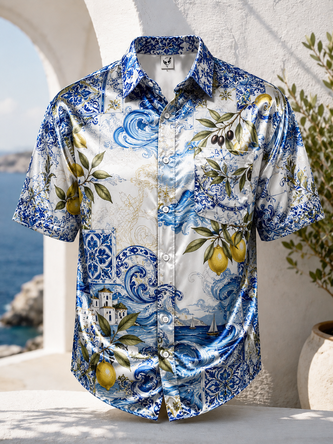 Breathable Silk Satin Mediterranean Botanical Floral Print Chest Pocket Casual Shirt