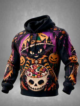 Halloween Cat Witch Hat Skull Pumpkin Kangaroo Pocket Hoodie Sweatshirt