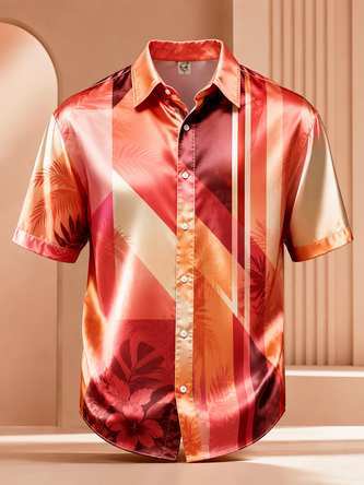Breathable Silk Satin Abstract Geometric & Floral Art Gradient Design Casual Shirt