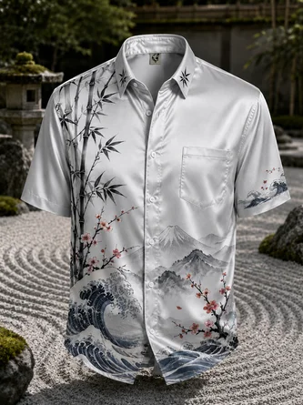 Breathable Silk Satin Ukiyo e Wave Floral Print Chest Pocket Casual Shirt