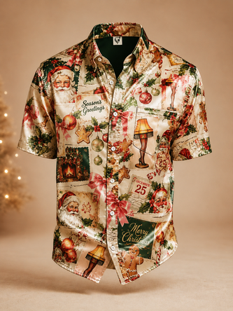 Breathable Silk Satin Christmas Tree Foliage Santa Legs Print Chest Pocket Casual Shirt