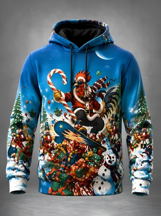 Christmas Chicken Skateboard Christmas Snowman Christmas Decorations Kangaroo Pocket Hoodie Sweatshirt