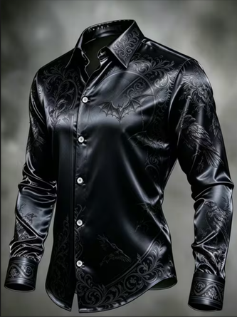 Breathable Silk Satin Long Sleeve Dark Raven Bat Botanical Floral Print Casual Shirt